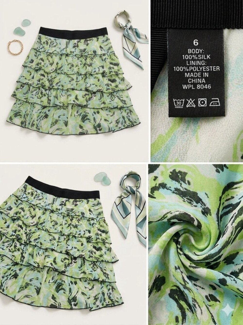 INC 100% Silk Tiered Ruffle Mini Skirt Size 6 Green Blue